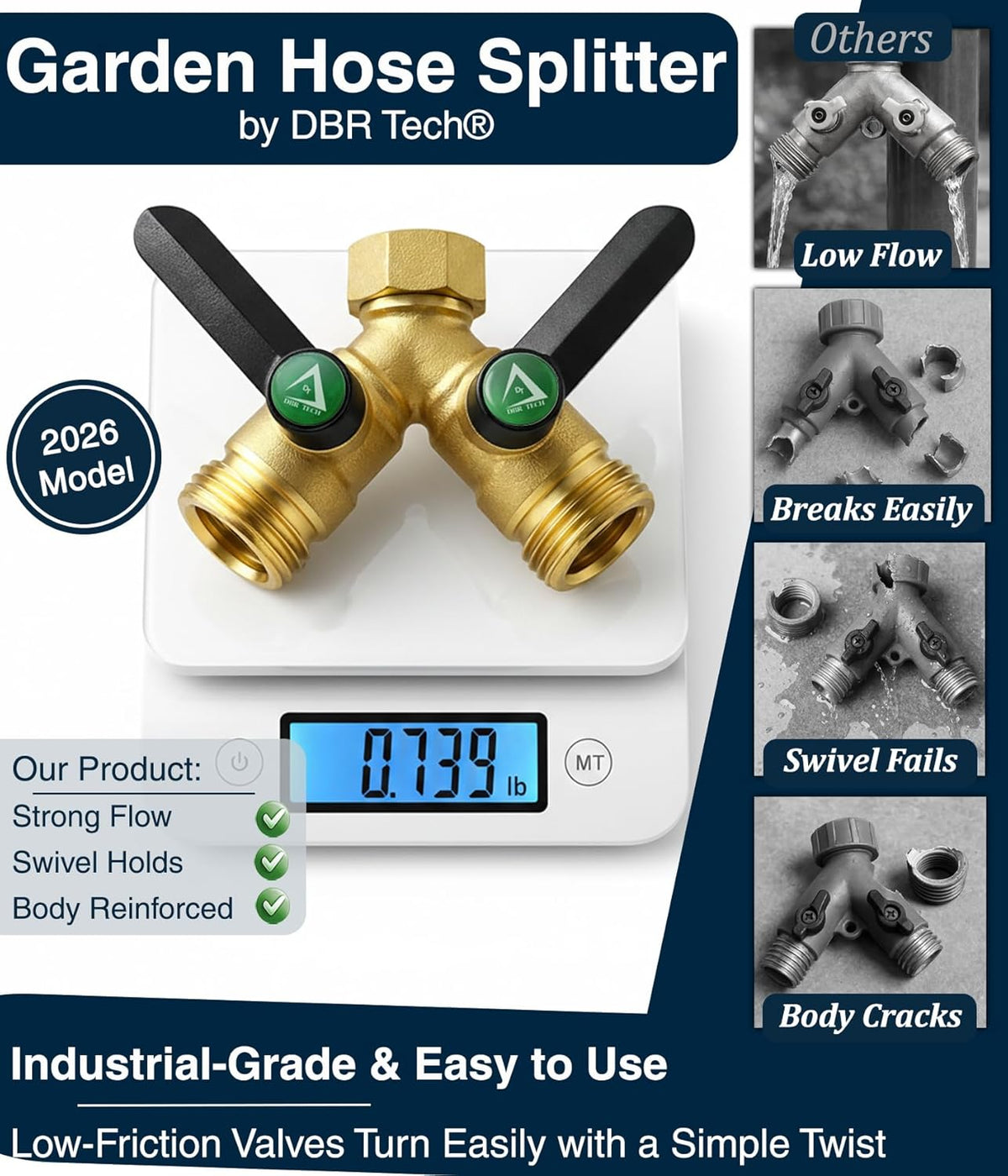 DBR Tech® Garden Hose Splitter 2 Way, Full Flow Solid Brass | 2026 Model
