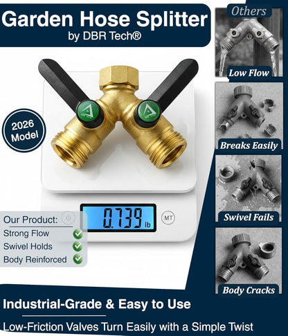 DBR Tech® Garden Hose Splitter 2 Way, Full Flow Solid Brass | 2026 Model