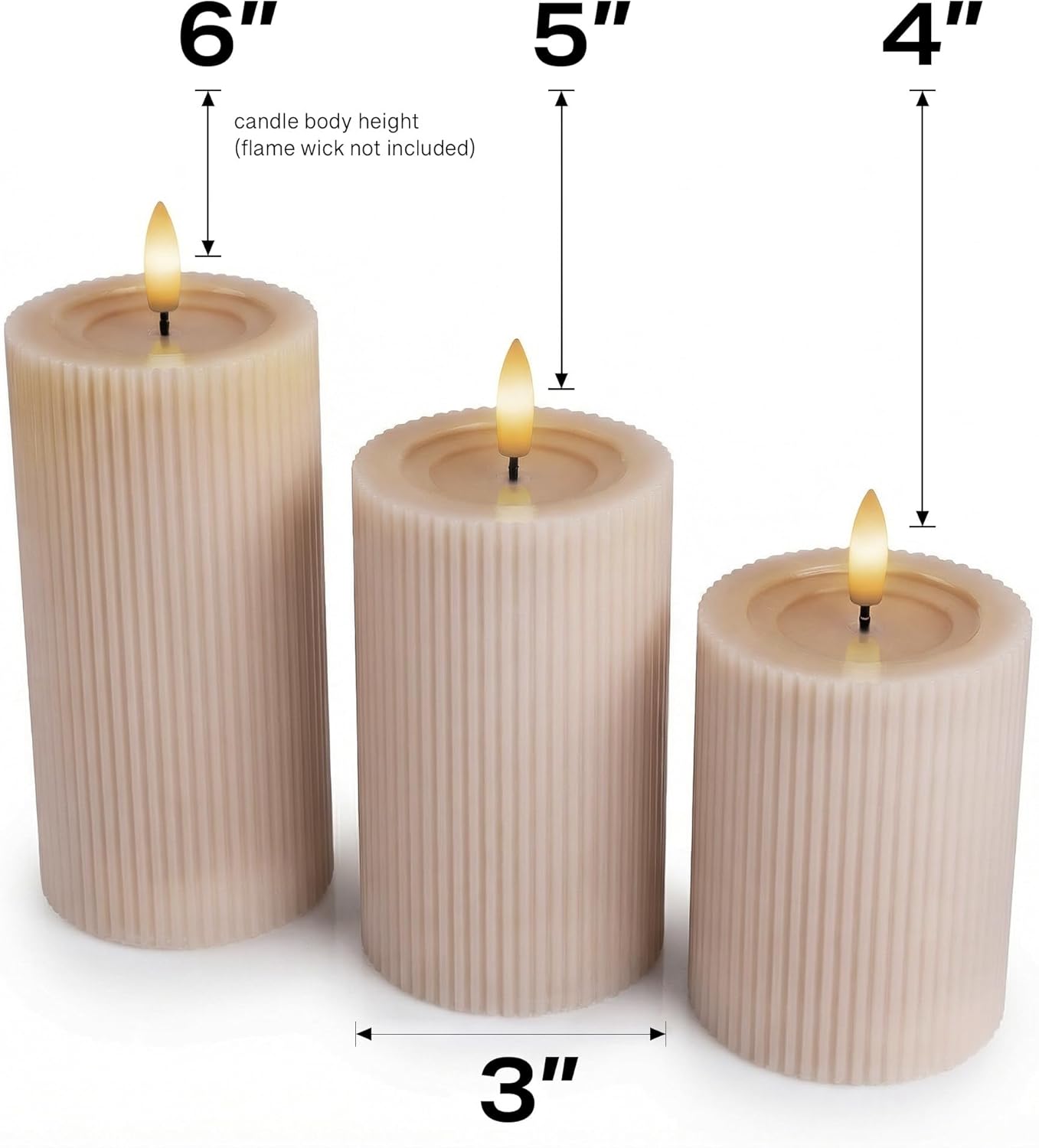 Fluted Ribbed LED Pillar Candles, Cream Beige, with Realistic Reflective Melted-Wax Effect – Flickering Flame, Remote, Dimmable, Flameless, Battery Operated, Home & Wedding Decor (Set of 3)