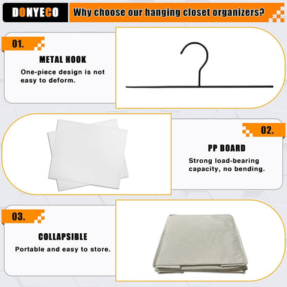 Hanging Closet Organizer 3-Shelf, Oxford Fabric Wardrobe Storage, Gray | Easy-mount foldable design holds clothes, handbags, shoes & accessories; washable Oxford fabric, sturdy and space-saving.
