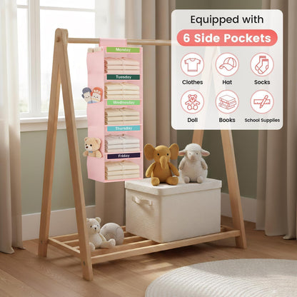 Weekly Clothes Organizer for Kids, 5-Shelf Kid Hanging Closet Organizer w/ 6 Side Pockets, Labeled Weekly Outfit Organizer for Kids, Days of The Week Clothes Organizer Monday Through Friday White