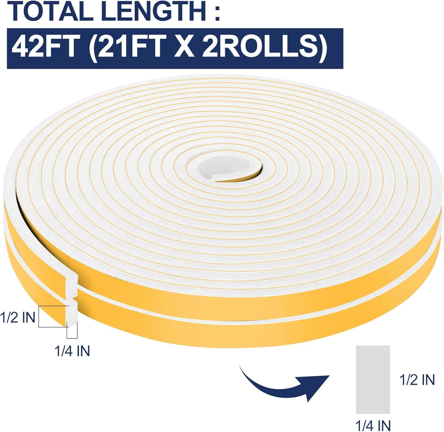 66Ft Foam Tapes Self Adhesive Foam Seal Strips 1/2In x 1/8In x 33.1Ft Each Roll Weatherstrips High Resilience Weather Stripping Door Seals for Door Soundproofing, Window Insulation (2R, White)