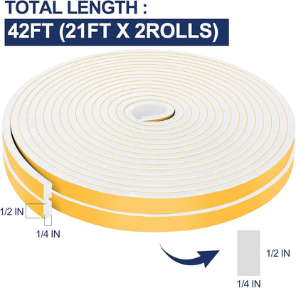 66Ft Foam Tapes Self Adhesive Foam Seal Strips 1/2In x 1/8In x 33.1Ft Each Roll Weatherstrips High Resilience Weather Stripping Door Seals for Door Soundproofing, Window Insulation (2R, White)