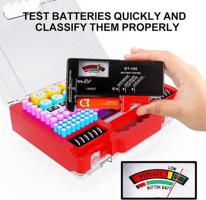 Battery Organizer Storage Case with Tester, Ultra-Large 265+ Double-Sided Batteries Container with Handle, Holds AA AAA 4A 23A C D Cell 3V 9V Lithium CR3 4LR44 CR123A 18650 (Red)
