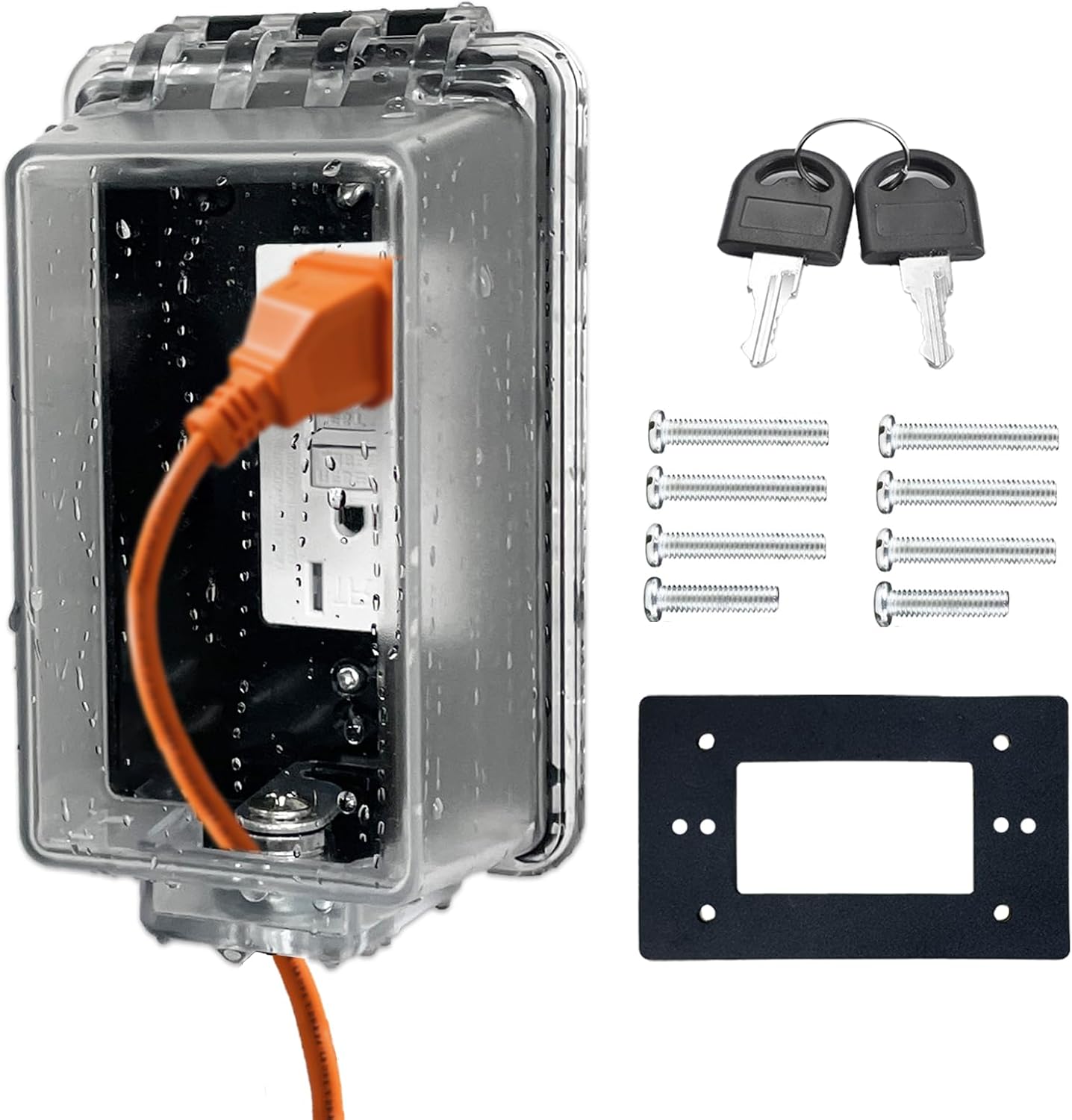 Locking Weatherproof Outlet Cover, Clear in-Use Box | Outdoor plug lock box, child-resistant outlet protection, fits plugs up to 2.6" H x 2.5" W