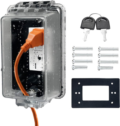 Locking Weatherproof Outlet Cover, Clear in-Use Box | Outdoor plug lock box, child-resistant outlet protection, fits plugs up to 2.6" H x 2.5" W