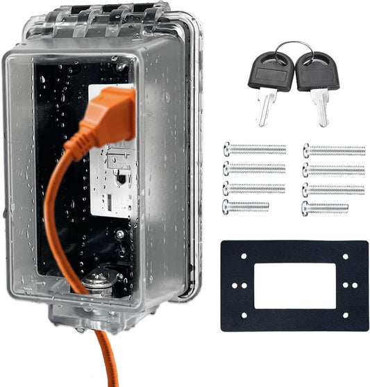 Locking Weatherproof Outlet Cover, Clear in-Use Box | Outdoor plug lock box, child-resistant outlet protection, fits plugs up to 2.6" H x 2.5" W