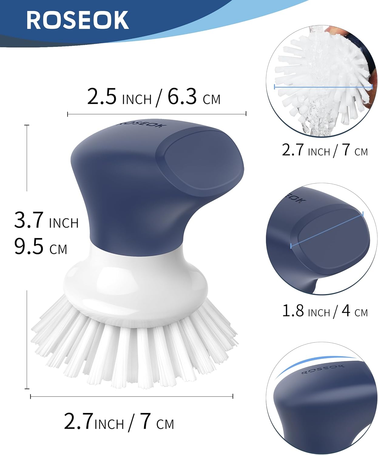 ROSEOK Dish Scrub Brush,Self-Standing Palm Brush with Ergonomic Grip for Cleaning Dishes,Non-Stick Pans and Sinks,Navy Blue,2 Pack