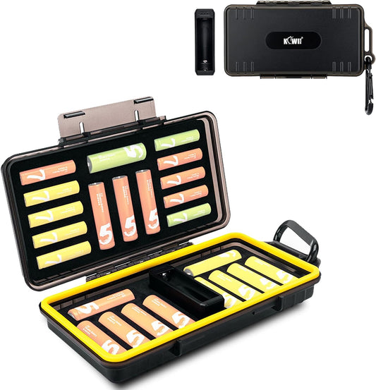 KIWIFOTOS AA AAA Battery Storage Case Holder with Detachable Battery Tester Checker, Hard Shell Battery Organizer Container for 14 Double A & 10 Triple A Battery, Water-Resistant and Shockproof