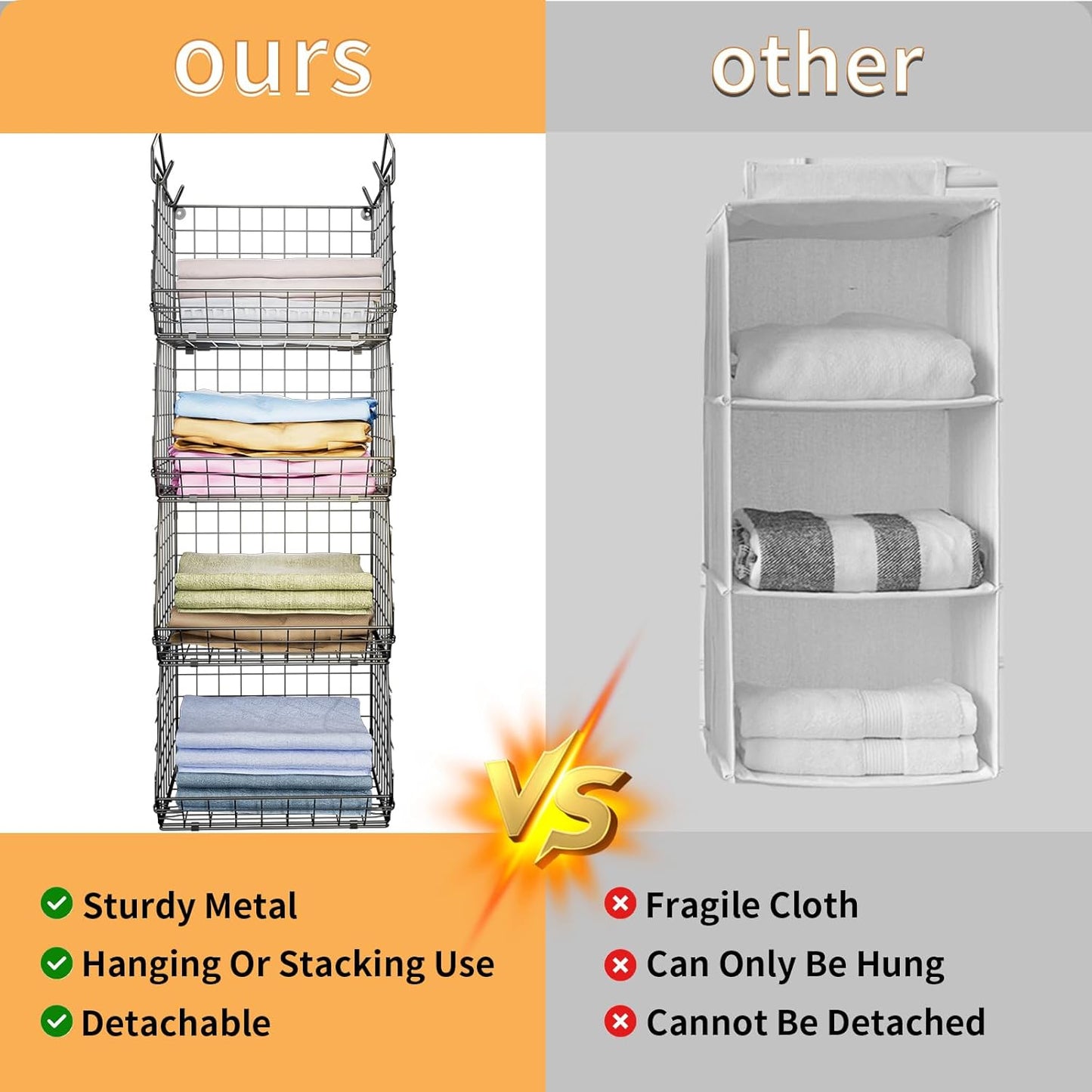 X-cosrack 4 Tier Closet Hanging Organizer, Foldable Closet Shelving with 2 Hanging Hooks 5 S Hooks, Wire Storage Basket for Wardrobe Laundry Room, for Clothing Sweaters Shoes Handbags Patent-White