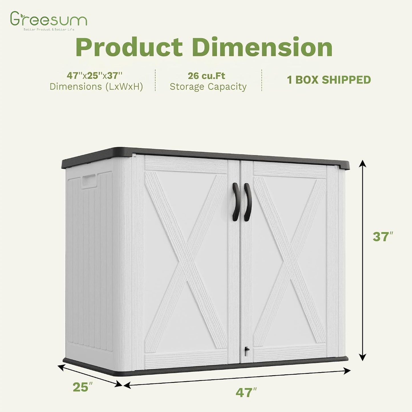 Greesum Outdoor Storage Cabinet, 26 CUFT Deck Box Without Shelves, Waterproof Plastic Storage Shed for Patio Cushions, Gardening Tools, Lockable and Sidehandles, UV Resistant, Beige