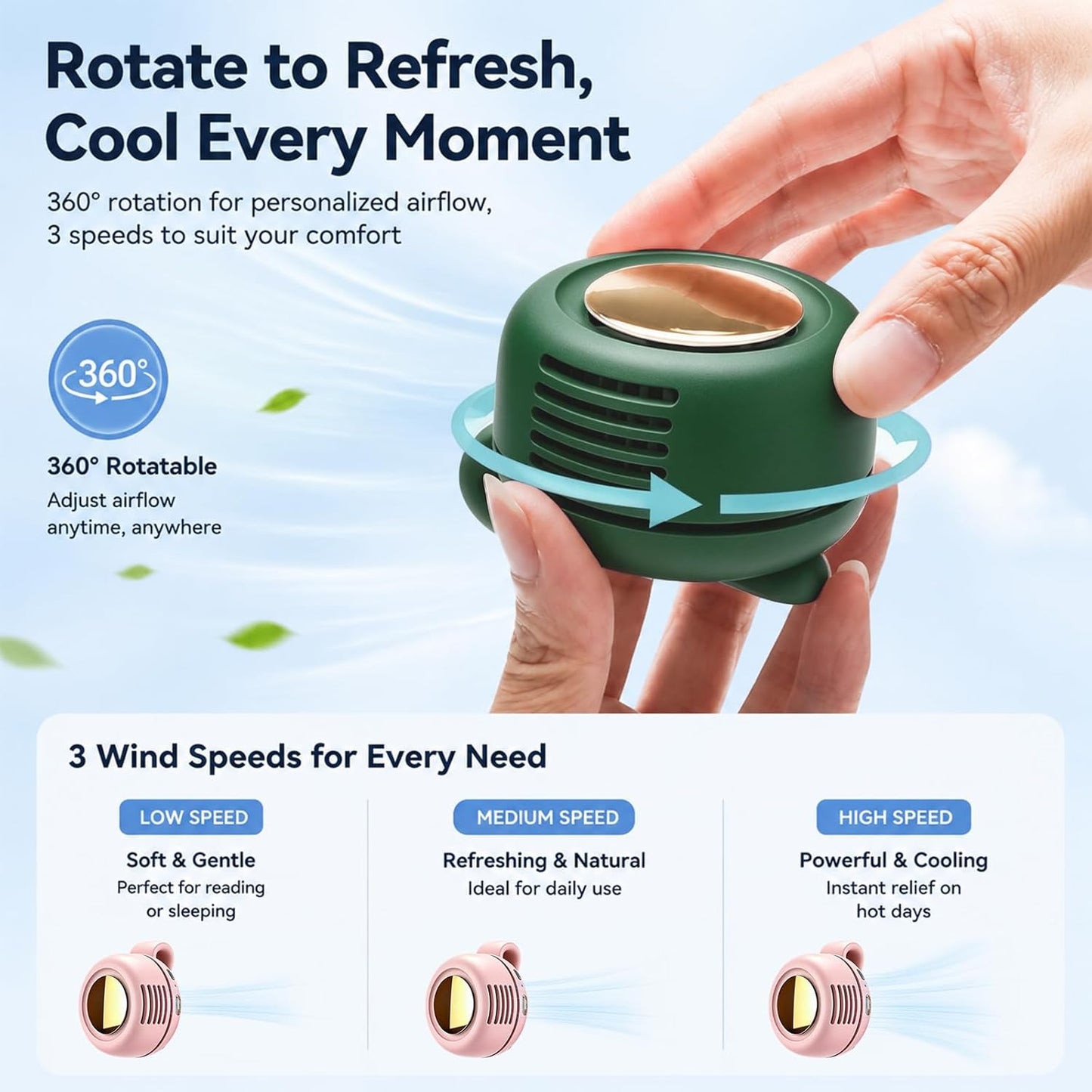 Portable Clip-On Fan, Mini Bladeless Waist Fan, 5100RPM 25dB Ultra-Quiet 3-Speed Rechargeable Small Whirlwind Fan, Hands-Free Personal Cooling for Outdoor Travel Office Camping with USB-C
