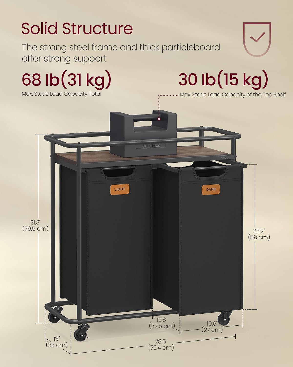 VASAGLE Laundry Sorter, Laundry Hamper with Wheels, 39.6 Gal. (150 L) Portable Rolling Cart Baskets with Shelf, 3 Removable Liners and 6 Labels, Ink Black and Chestnut Brown UBLH103BH01