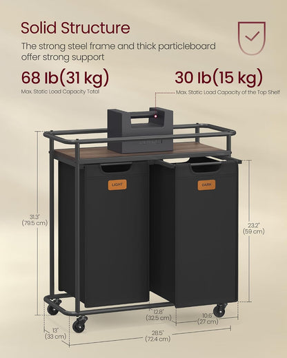 VASAGLE Laundry Sorter, Laundry Hamper with Wheels, 39.6 Gal. (150 L) Portable Rolling Cart Baskets with Shelf, 3 Removable Liners and 6 Labels, Ink Black and Chestnut Brown UBLH103BH01