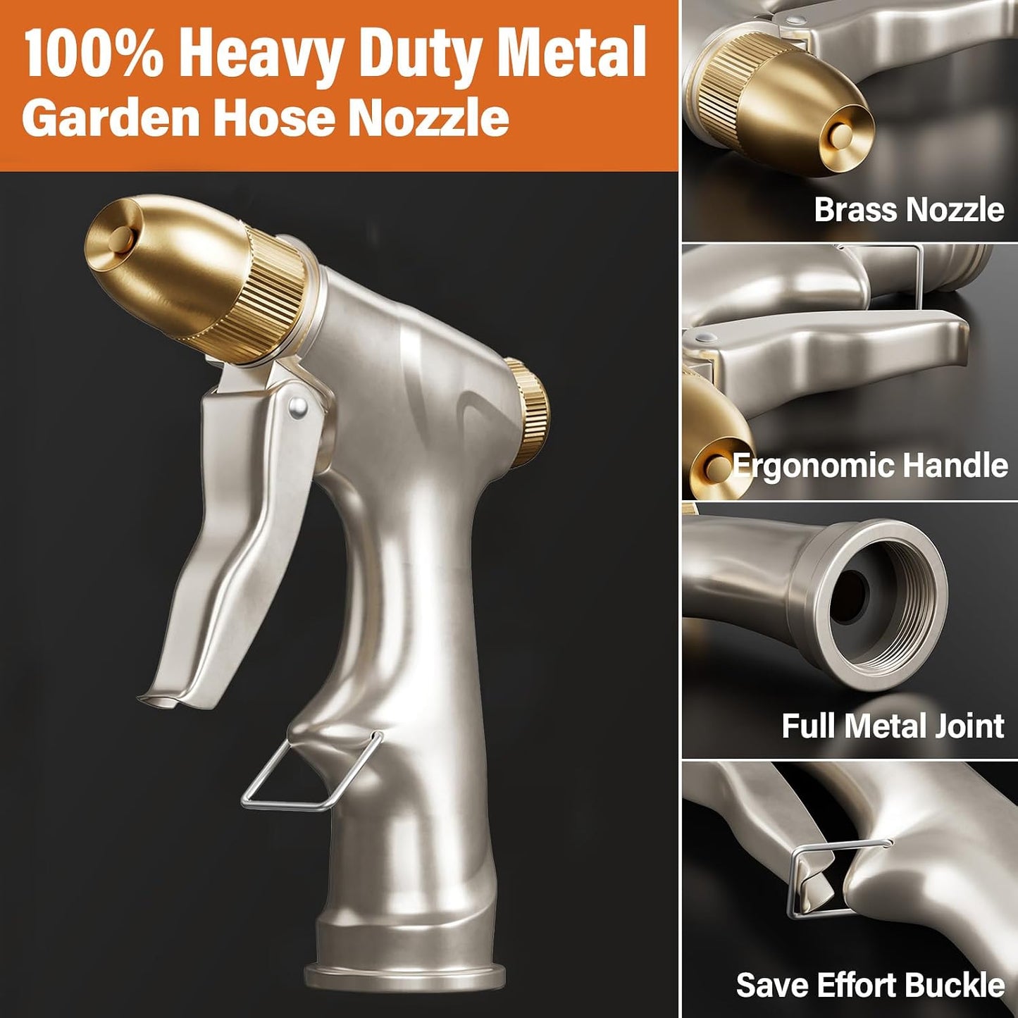 Garden Hose Nozzle Sprayer with Full Brass Nozzle, 100% Heavy Duty Metal Water Sprayer Nozzle Fits 3/4” Garden Hose Thread with 4 Patterns, 360° Rotating Adjustable Nozzle for Plants, Lawns, Cars