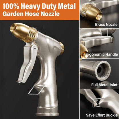 Garden Hose Nozzle Sprayer with Full Brass Nozzle, 100% Heavy Duty Metal Water Sprayer Nozzle Fits 3/4” Garden Hose Thread with 4 Patterns, 360° Rotating Adjustable Nozzle for Plants, Lawns, Cars