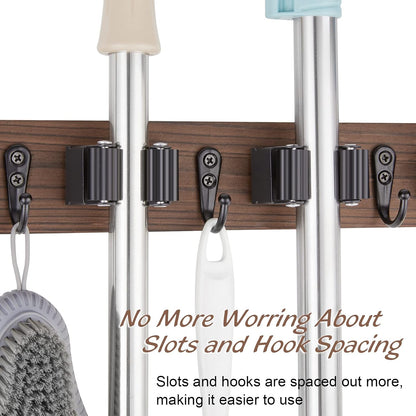 OUTNILI Mop and Broom Holder Wall Mount - Wood Broom Mop Hanger - Wall Mounted Garden Tool Rack Organizer for Closet Garage Laundry Room for Rustic Kitchen Decor With 5 Slots & 4 Hooks