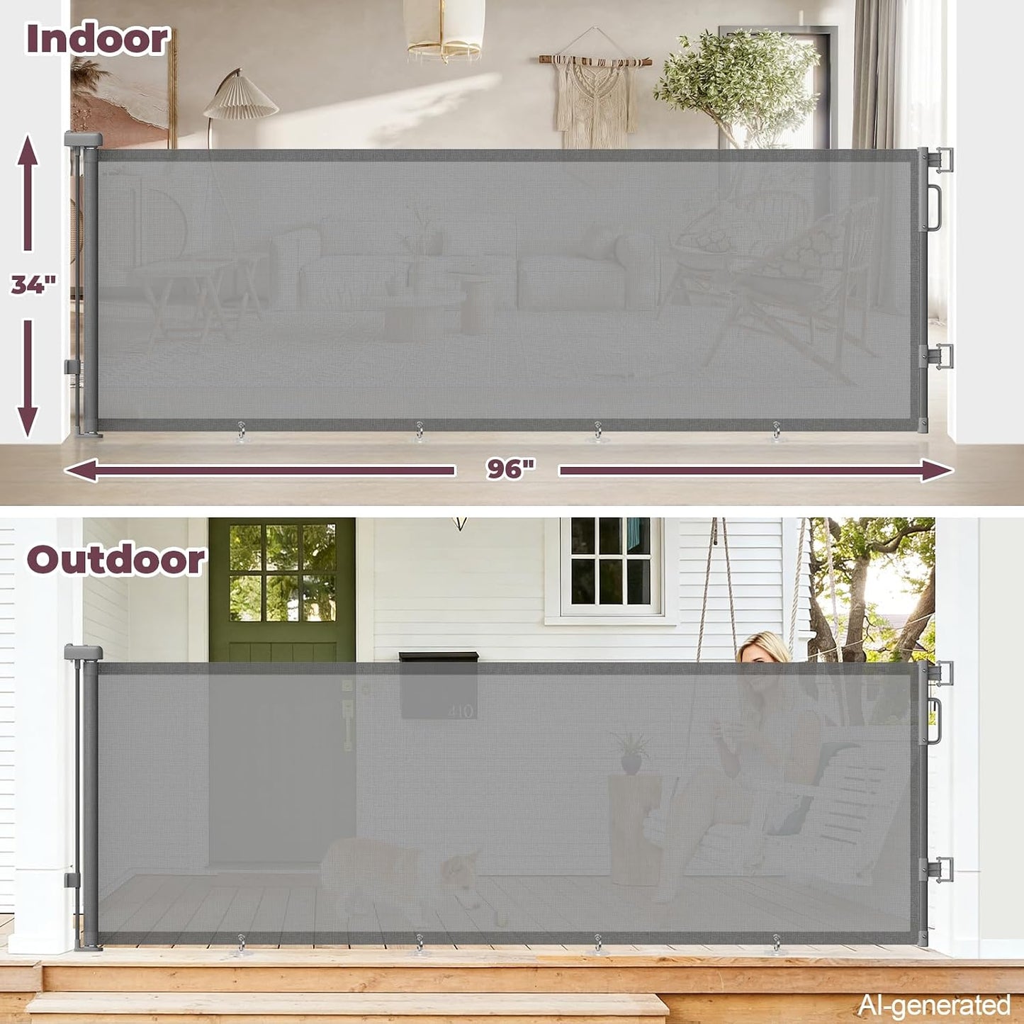 Retractable Baby Gate for Stairs & Doorways, Mesh Dog Gate Indoor Outdoor, Extends to 55" Wide 34" Tall Child Gate for Hallways, Deck, Porch, Pet Toddler Safety Essentials, Easy Install, Grey