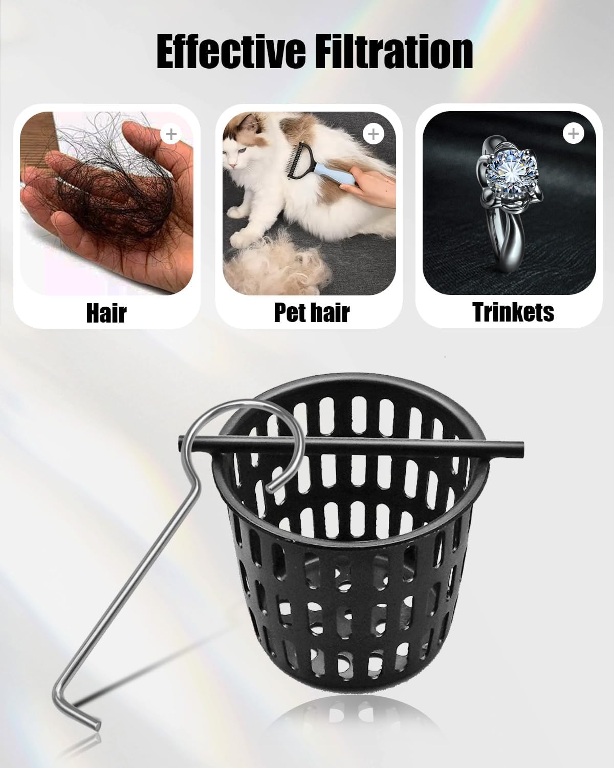 1 Pc 2 Inch Hair and Debris Strainer, Black Coating Shower Drain Strainer with Lifting Hook, Stainless Steel Debris Basket Shower Catcher for Square/Floor Drain