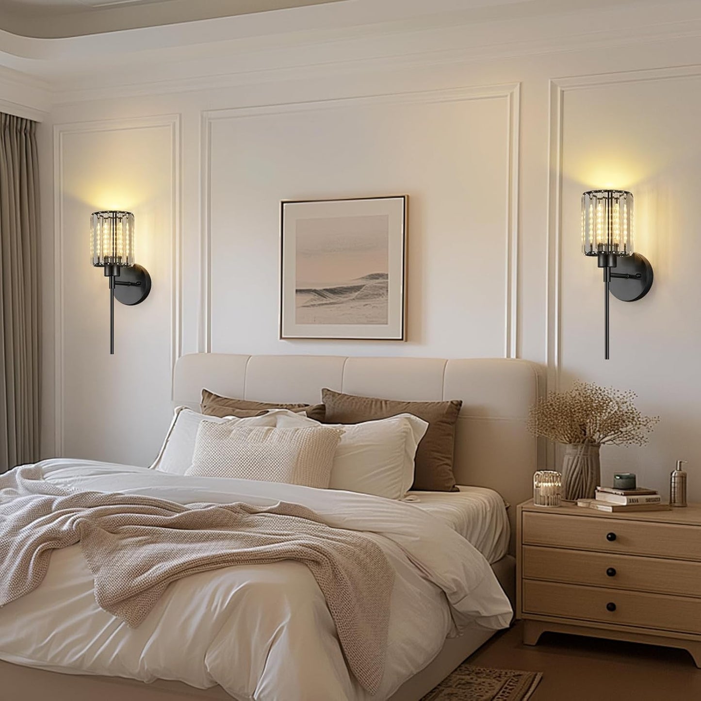 Crystal Battery Operated Wall Sconces, Brushed Gold Rechargeable Wireless Wall Sconce Lights with Dimmable Bulbs and Remote, 12 Colors and 3CCT Dimmable Crystal Lamps for Living Bedroom, 3000~6000K