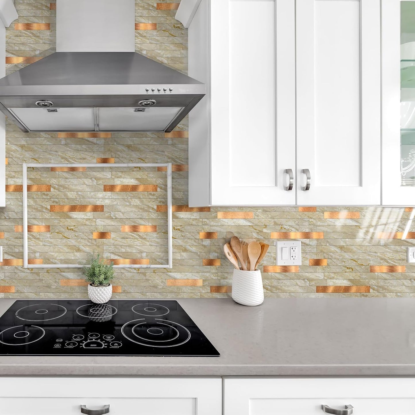 Yipscazo 2026 New Upgrade 11.34" X 11.57" Peel and Stick Backsplash, Stick on Backsplash Tiles for Kitchen, Bathroom, Fireplace (10 Sheets, Beige Rocks + Rose Gold)