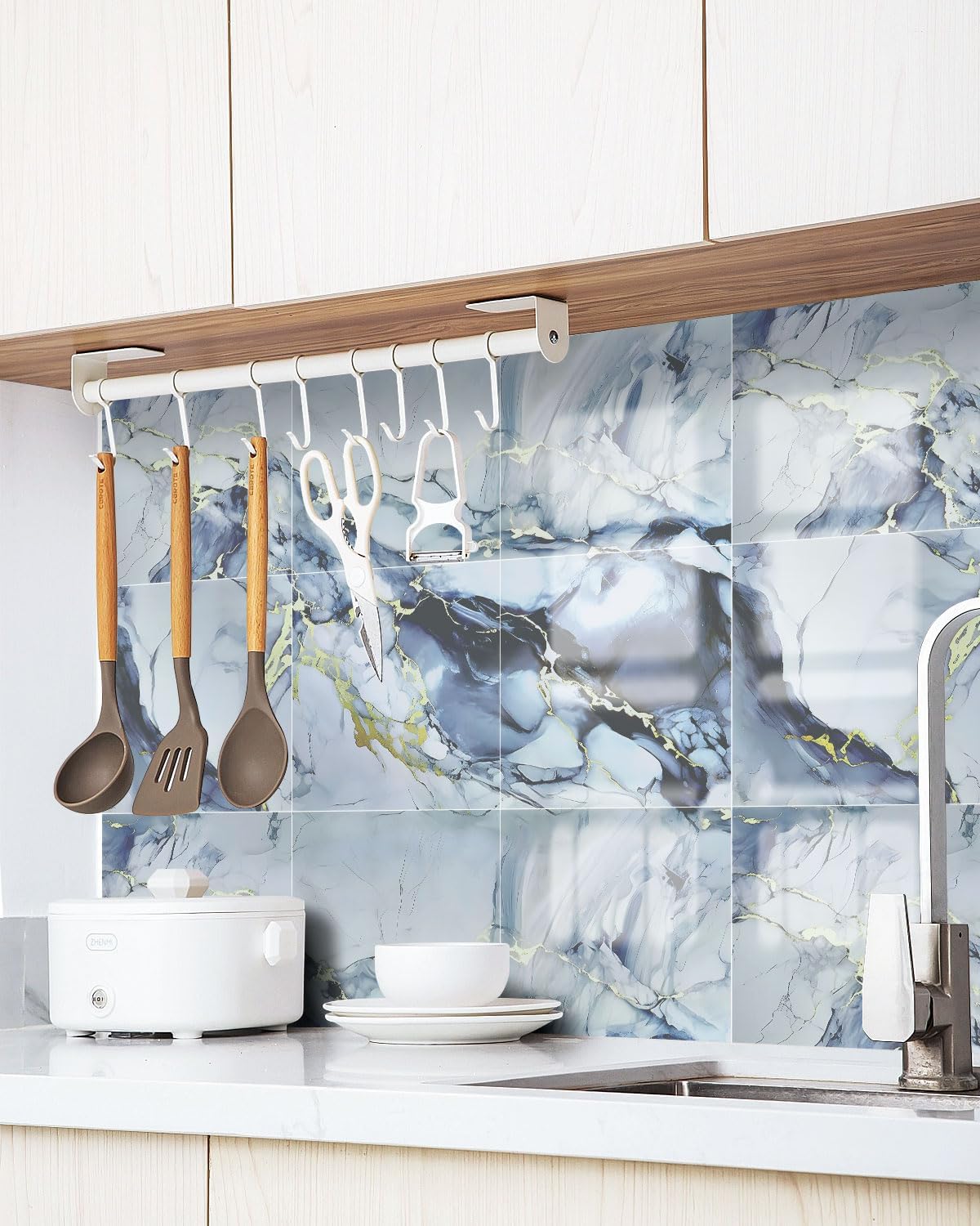 WADILE 10pcs Peel and Stick Shower Waterproof Marble Tiles Wall Panels, 11.8"x11.8" Self-Adhesive Backsplash, for Home Bathroom, Kitchen, Living Room White (Not Real Tile)