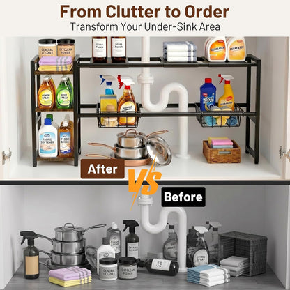 Housolution Expandable Under Sink Cabinet Organizer Rack and Storage Shelf | 24"-37.8" Expandable Length, 3-Tier Side Wooden Shelves, Height Adjustable for Kitchen Bathroom