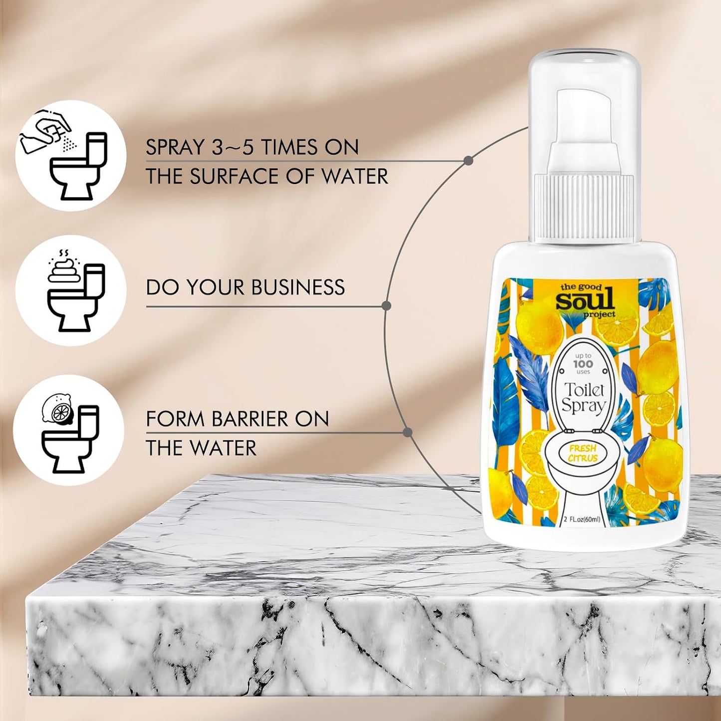 THE GOOD SOUL PROJECT Toilet Spray for Poop, Fresh Citrus, Bathroom Spray Odor Eliminator, 2Fl Oz 2 Pack