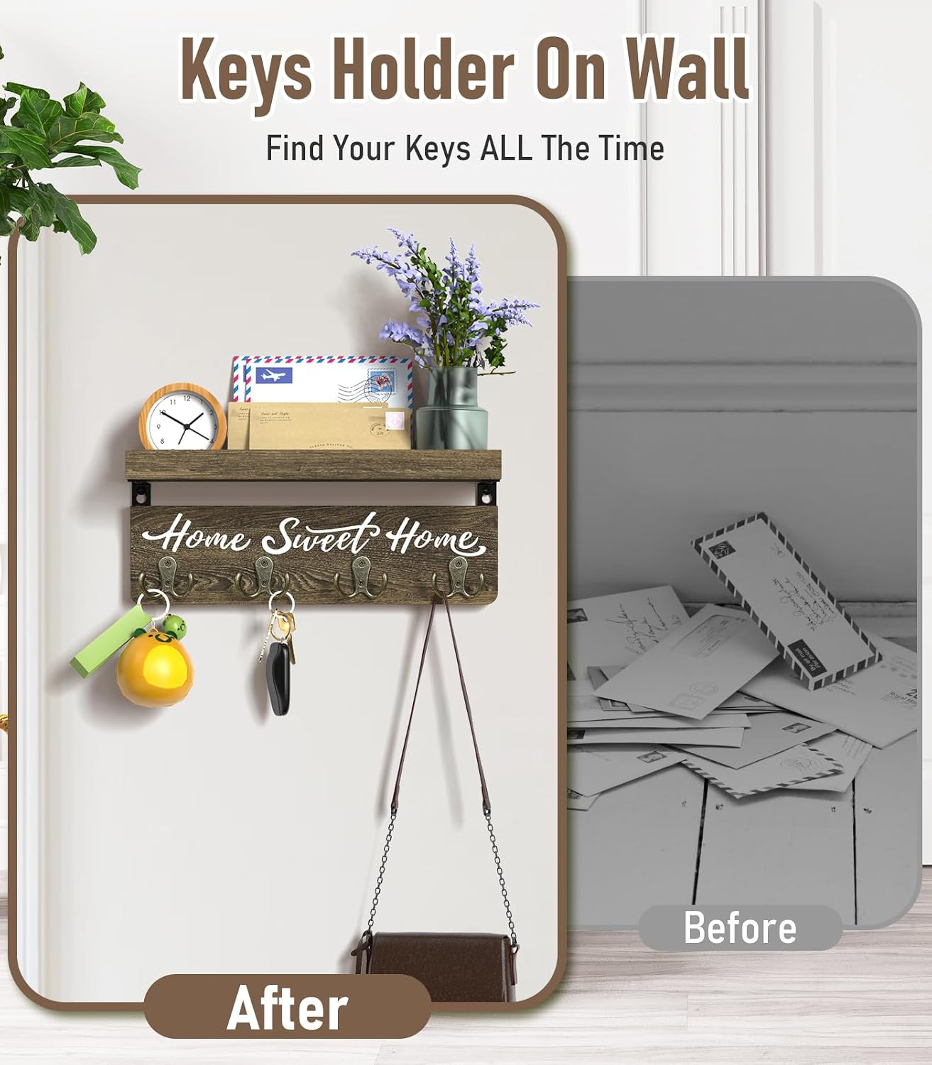 buways Key Holder Wall Mount with 4 Double Hooks-Solid Wood Wall-Mounted Organizer for Keys&Mail Rustic Key Rack Hanger Holder Home Decor for Entryway Living Room (Gray)