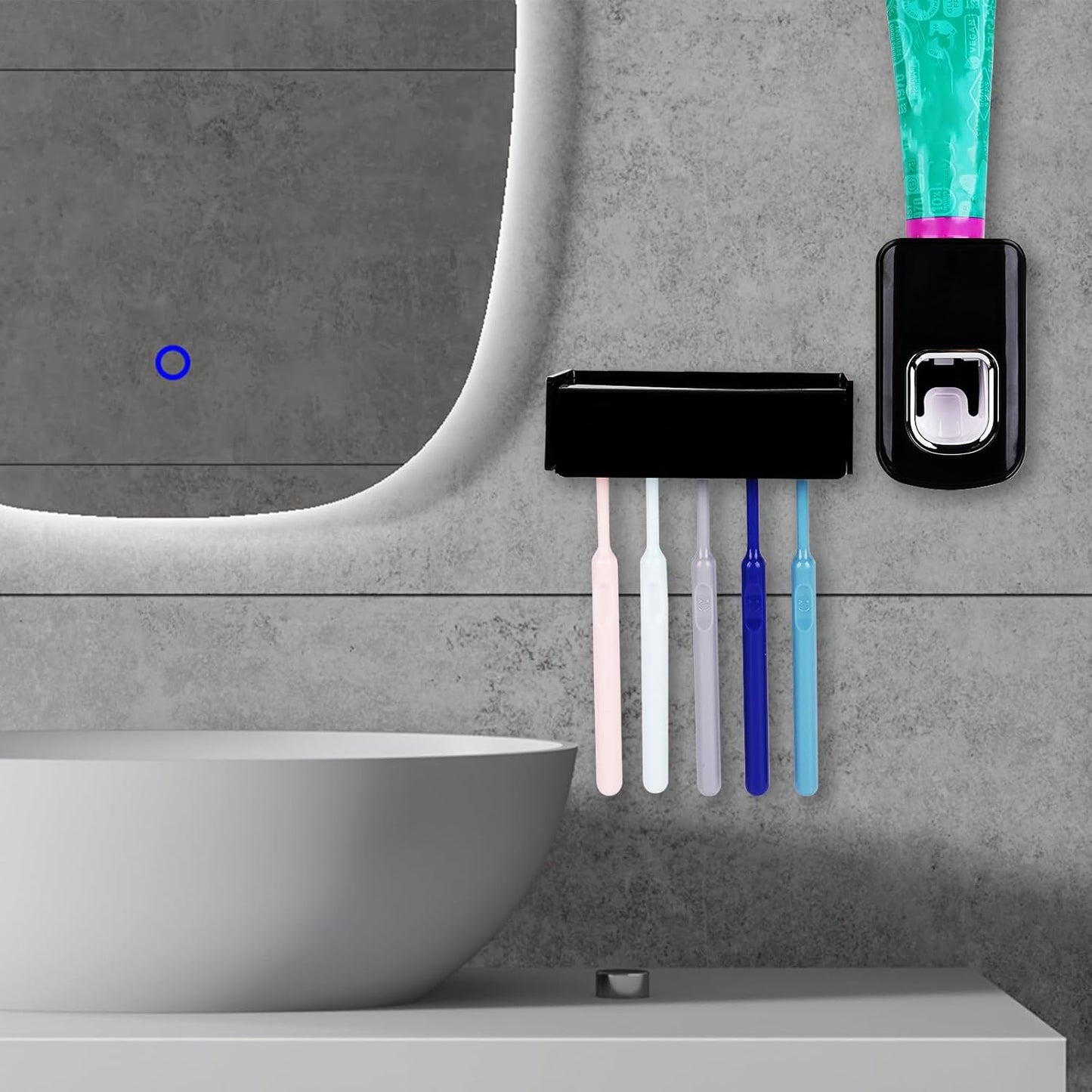 5 Slots Wall Mount Toothbrush Holder with Cover, Self Adhesive Toothbrush Storage Organizer for Shower, Toothbrush Hanger with Automatic Toothpaste Squeezer Dispenser