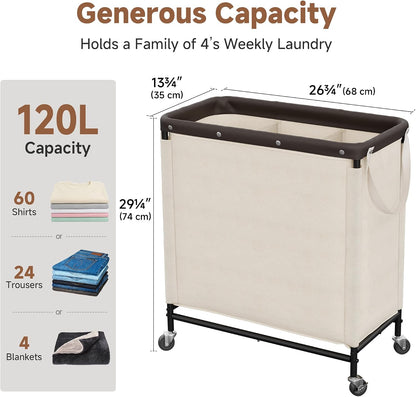 StorageWorks 3 Section Laundry Hamper, Rolling Laundry Cart with Wheels and Handles, Laundry Room Double Sorter for Organizer and Storage, 31.7 Gal(120L), Beige