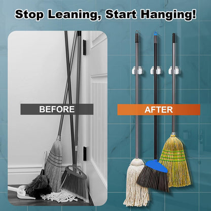 funest 6 Pack Mop and Broom Holder Wall Mount, No Drill Needed Self Adhesive, Non-Slip Mop Grippers for Tile Walls - Kitchen, Bathroom, Garage（White）