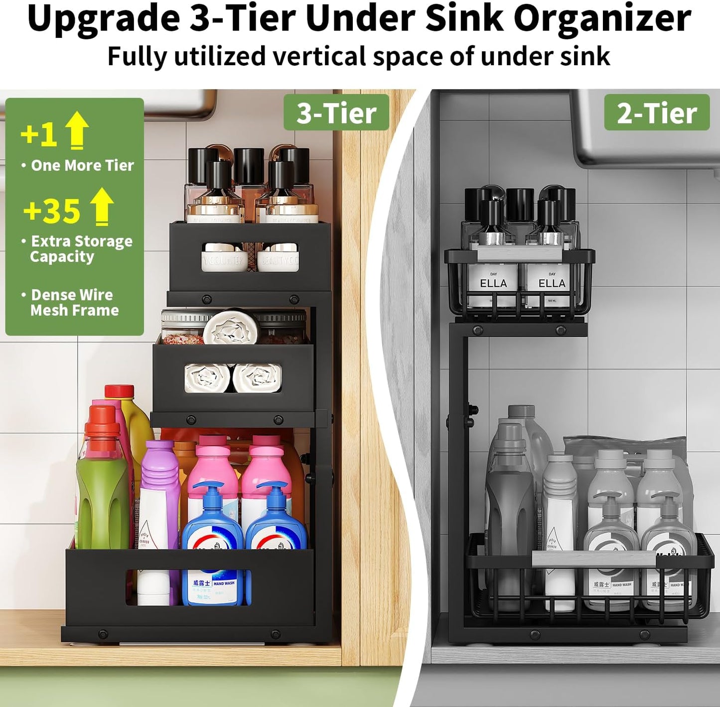3-Tier Under Sink Organizer,2 Pack Height Adjustable Pull Out Cabinet Organizer Shelf, Thickened Metal Slide out Storage Drawer Rack for Bathroom Laundry Room Kitchen Pantry Organization (White)