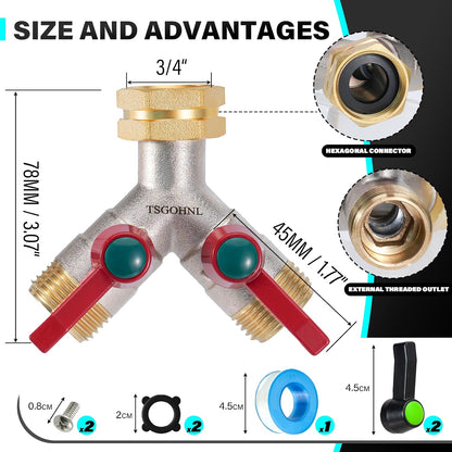 Hose Splitter 2 Way, Y-Valve Water Spigot Splitter, High Flow Faucet Splitter, 3/4" GHT Thickened Hexagonal Water Inlet with 2 Garden Hose Coiled Spring Protectors and 2 More Extension Handles
