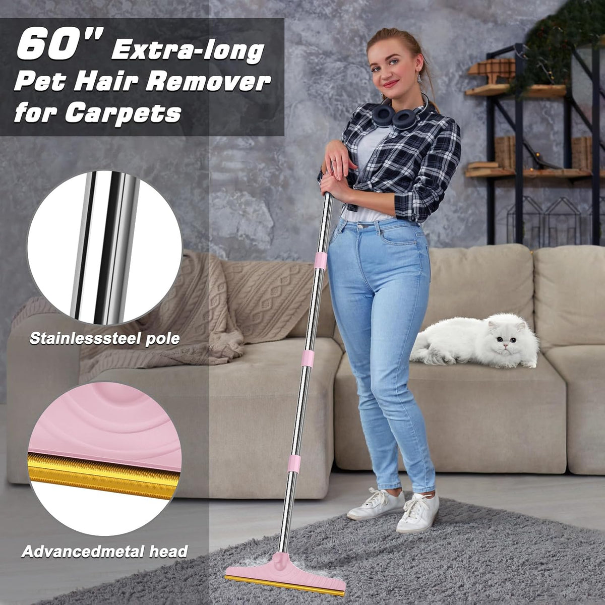 B-Land Carpet Rake for Pet Hair Removal, Reusable Pet Hair Remover with 60” Adjustable Long Handle, Carpet Scraper Broom Dog Cat Hair Remover Tool Fur Sweeper for Rugs, Mats