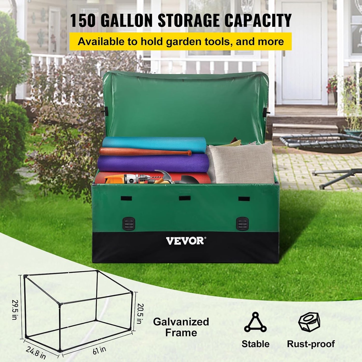 VEVOR Outdoor Storage Box, 230 Gallon Waterproof PE Tarpaulin Deck Box w/Galvanized Frame, All-Weather Protection & Portable, for Camping, Garden, Poolside, and Yard, Black & Green