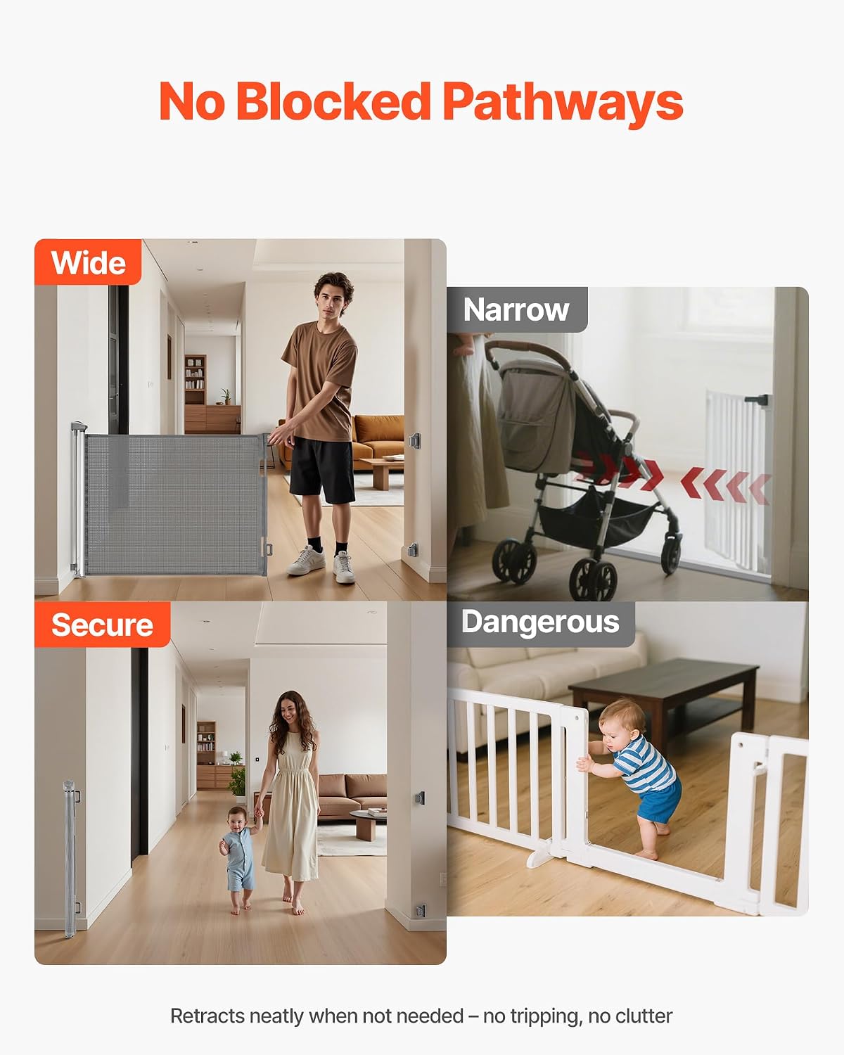 VEVOR Retractable Baby Gate, Extends to 202.7 inch Extra Wide, 39 inch Tall, with Reinforced Fiberglass Strips, Avoids Crawling Through, Mesh Dog Gate for Decks, Doorways, Garages, Indoor, Black