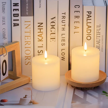 volnyus Flameless Candles Set of 3 (3x3 inch) Flickering LED Real Wax Candles Battery Operated with Remote Control Timers for Fireplace Bedroom Livingroom Party Dimmable Ivory Pillars Flat top