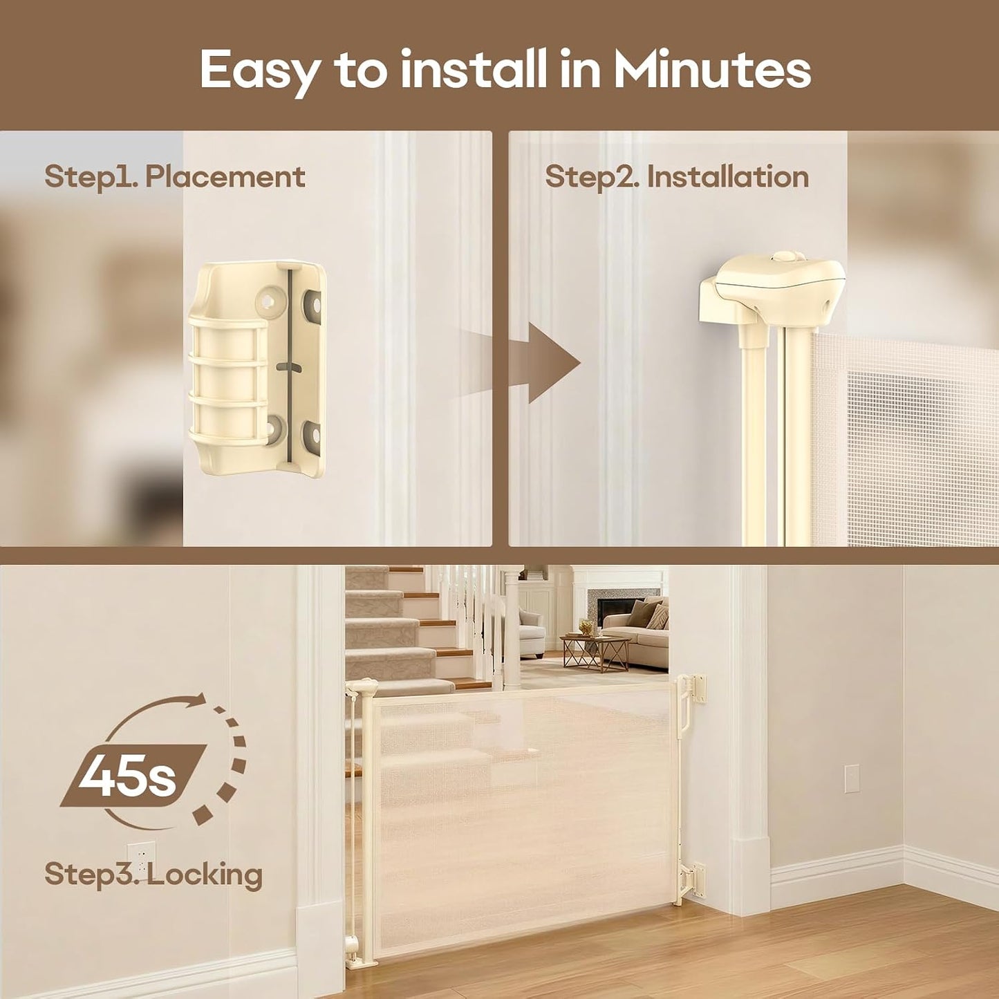 SPACEANY Retractable Safety Baby Gate or Mesh Dog Gate,Durable Portable Mesh Retractable Gate,Easy to Use for Stairs, Doorways, Hallways, Indoor, Outdoor, 33.5" Tall, Up to 45" Wide, Cream