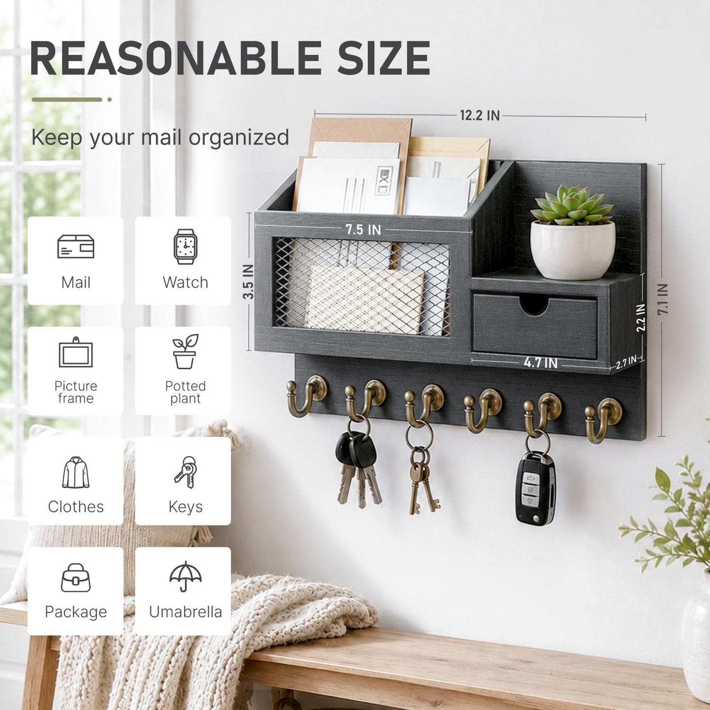 FifthQuarter Key Holder Wall Mount: Key and Mail Holder for Wall with 6 Hooks and Storage Drawer, Easy Installation Key Rack for Entryway Home Decor (A-White)