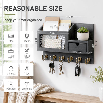 FifthQuarter Key Holder Wall Mount: Key and Mail Holder for Wall with 6 Hooks and Storage Drawer, Easy Installation Key Rack for Entryway Home Decor (A-White)
