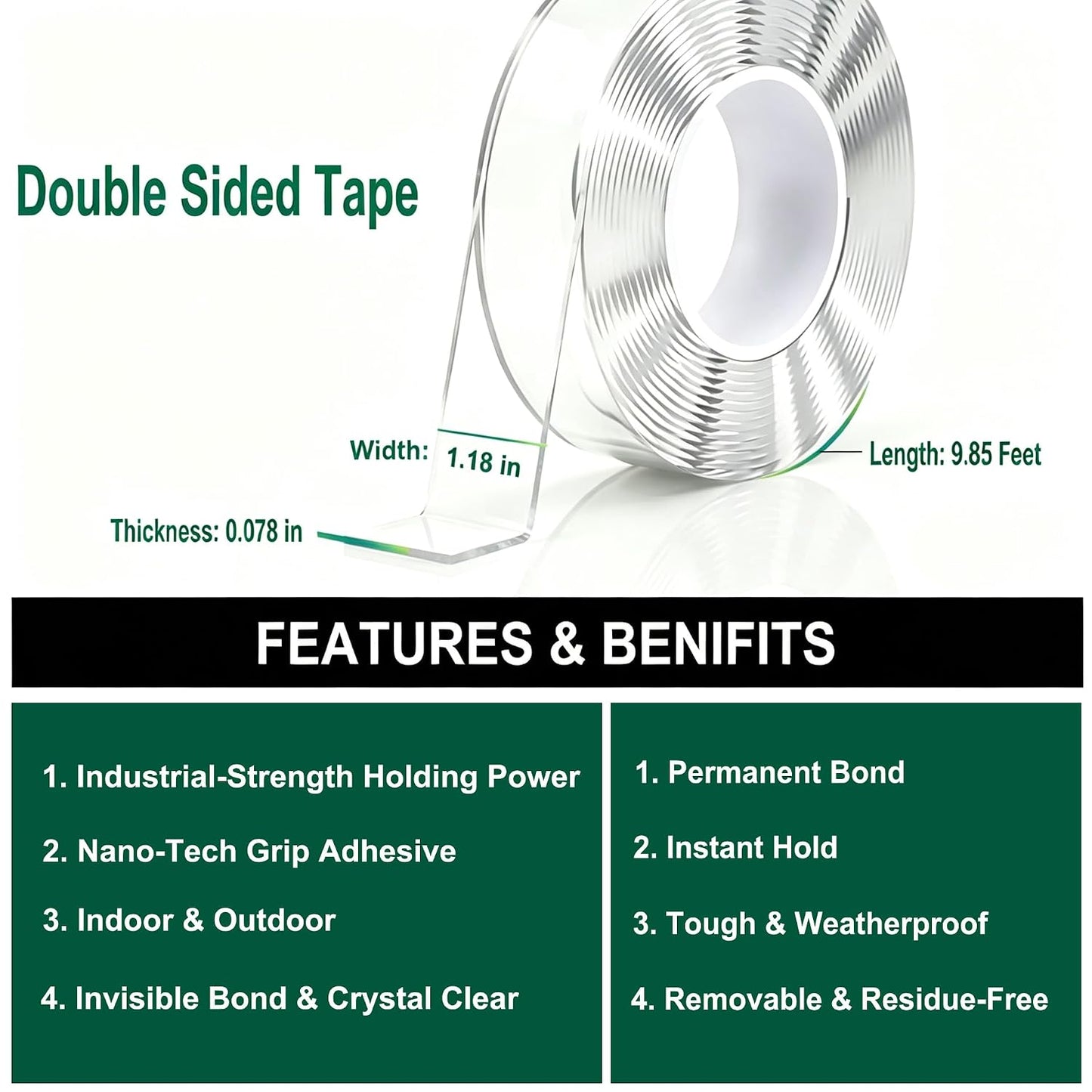 Double Sided Tape Heavy Duty, Nano Tape 1.18in×9.85ft, Removable Washable Adhesive Mounting Tape, Transparent Gel Grip Tape Suitable for Carpet, Picture Hanging, Poster, Home Office Decor