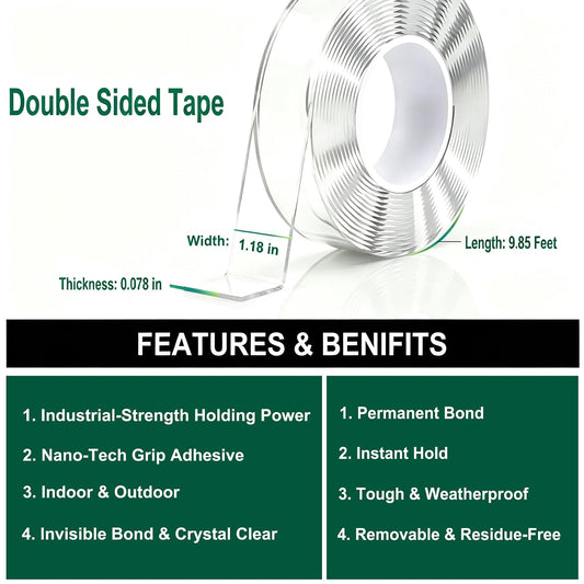 Double Sided Tape Heavy Duty, Nano Tape 1.18in×9.85ft, Removable Washable Adhesive Mounting Tape, Transparent Gel Grip Tape Suitable for Carpet, Picture Hanging, Poster, Home Office Decor