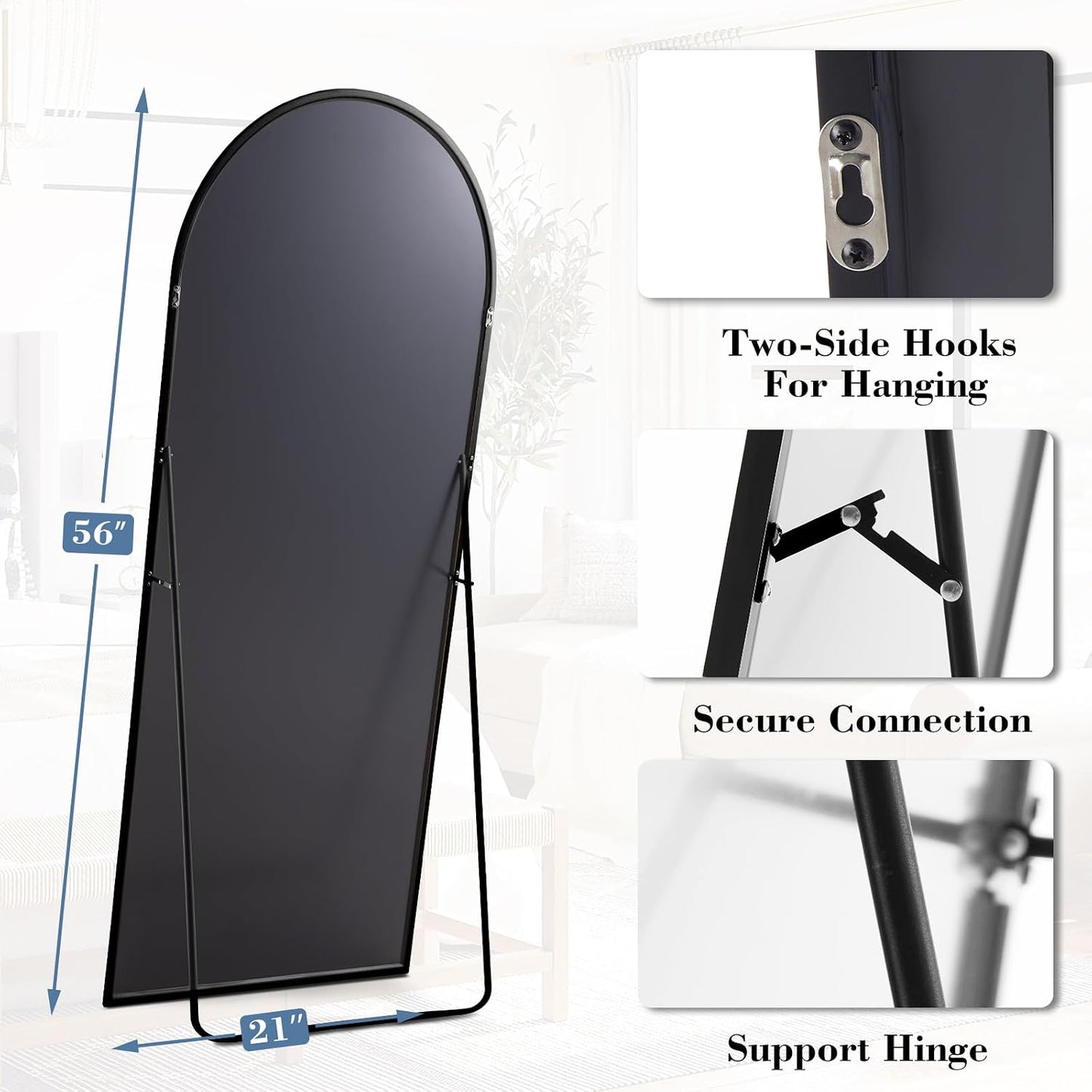DUMOS 64"x21" Arched Full Length Floor Mirror, Full Body Mirror with Stand, Shatterproof Tempered Glass, Modern Aluminum Alloy Frame, Free Standing or Leaning for Home Decor, Gold