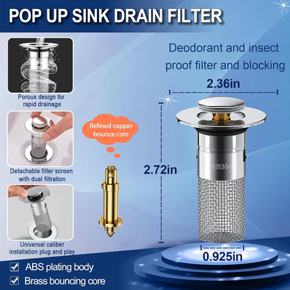 Bathroom Sink Stopper 2Pcs,Sink Drain Strainer,Hair Catcher with Removable Stainless Steel Filter Basket,Universal Sink Plug,Suitable for Most Sinks,Washbasin,Bathtubs