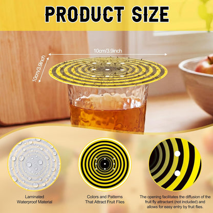 100 Pack Fruit Fly Trap Covers, Single-Sided Sticky Paper Lids, 8 Vent Holes for Vinegar/Wine Bait, Fits Cups & Jars for Indoor Kitchen & Pantry Gnat Control (Round,Yellow)