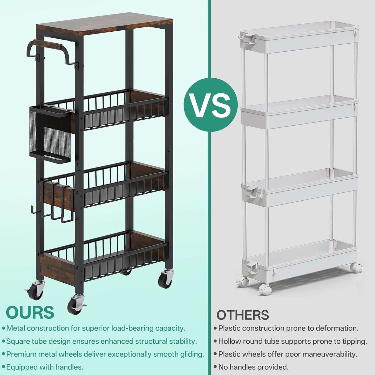 DTUQYX Slim Bathroom Storage Cart, 4 Tier Small Rolling Organizer Cabinet with Wood Top Handle, Mobile Shelving Unit Slide Out for Office, Kitchen, Laundry Room & Narrow Places (9.1" W Metal Basket)