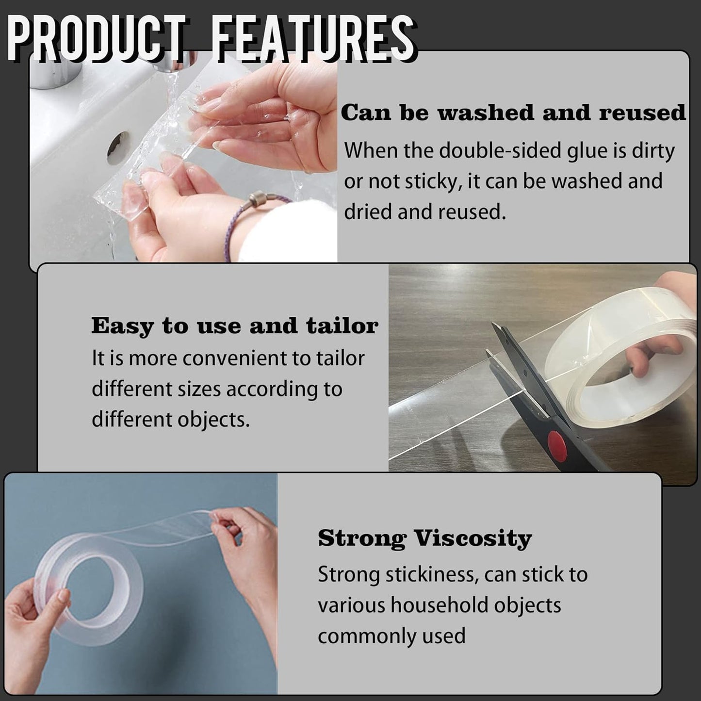 LLPT Double Sided Clear Nano Tape, 2 Inch x 33 Feet, 1 Pack | Heavy Duty, Washable, No Residue, Gel Transparent Tape for Home Office Store Deco Card Poster Photo Wall