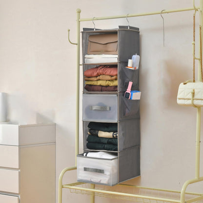 6-Shelf Hanging Closet Organizer with 3 Drawers & Side Pockets, Gray | Non-woven fabric, tool-free setup, ideal for bedrooms/dorms/RVs, 3 foldable transparent drawers for easy access