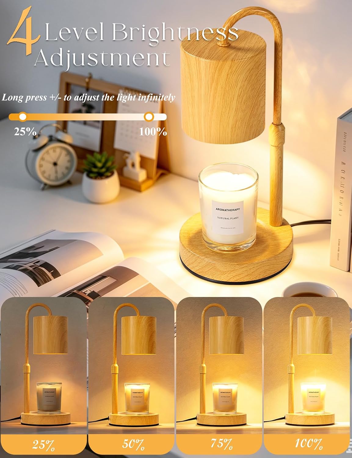 Briever Dimmable Candle Warmer Lamp with Timer, Height Adjustable Electric Candle Wax Warmer, Christmas Birthday Gifts for Women Mom, House Warming Gifts New Home Room Decor, Walnut Solid Wood Base